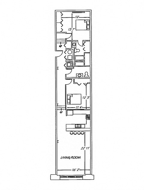 Floor plan for 2 beds, 2 baths, 1297 sqft